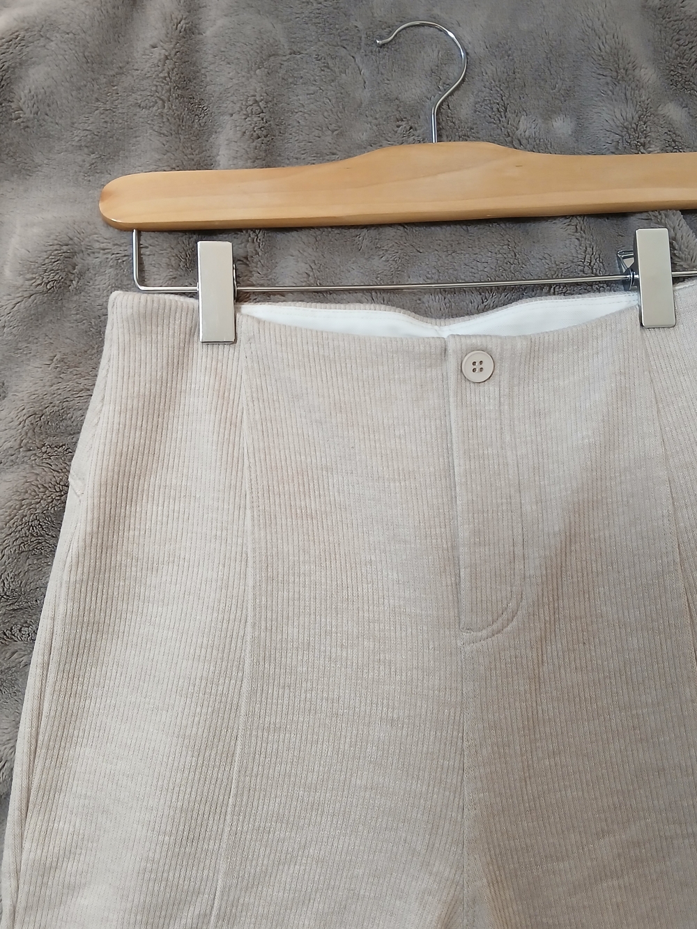 Beige Ribbed High-Waist Pants